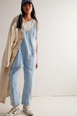 We The Free Denim High Roller Jumpsuit Overalls Blue Large Relaxed Whimsy Fall